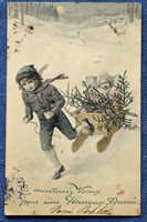 Antik MM Vienne Újévi üdvözlő grafikus képeslap kisfiú szánkóban baba táli táj fenyőfa