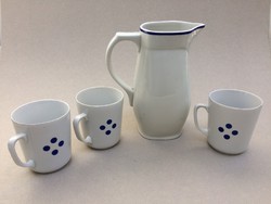 Régi Zsolnay porcelán kék csíkos vizes kancsó és 3 db kék pöttyös bögre
