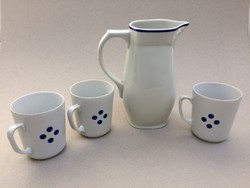 Régi Zsolnay porcelán vizes kancsó és 3 db kék pöttyös bögre