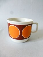 Zsolnay polka dot mug, large orange dots on a burgundy background ii.