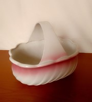 Antique old ceramic earthenware basket with pink and white glaze, basket, serving bowl, flower stand