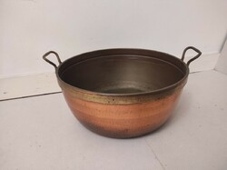 Antique patina kitchen tool large heavy red copper cauldron with brass handle 921 6044