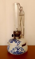 Old blue and white Dutch glazed porcelain wall table kerosene lamp, windmill