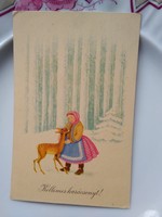 Vintage graphic Christmas art card / postcard / greeting card, forest, deer, little girl in traditional costume