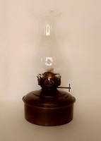 Antik régi sárgaréz asztali petróleum lámpa fodros szélű cilinder, kanóccal, működőképes, hibátlan