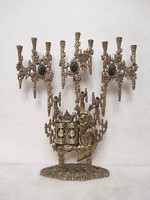 Antik hanuka zsidó gyertyatartó öntött réz 9 ágú menora hanukia judaika Israel 927 6050