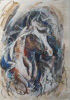 Colorful horse watercolor with unknown mark from 1991