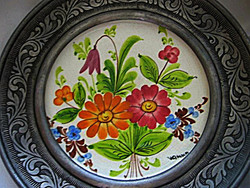 Hand painted, signed porcelain, peltro tin, marked, hanging frame