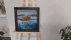 (K) István József Sédli painting 42x42 cm with frame landscape lake