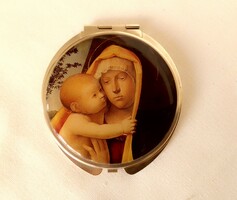 Kis kézi kétrészes fém sminktükör pipere tükör, fedlapon reneszánsz Madonna kis Jézussal festmény