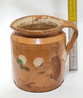 Folk ceramic bowl with white dots, green glaze spots, light brown glaze (2381)