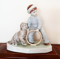 Old zsolnay porcelain hammer sculpture with hoop boy dog