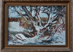 (K) István József Sédli painting painting 34x24 cm with frame winter waterfront with boat