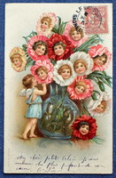 Antik A&M B arany pasztás üdvözlő litho képeslap gyermek arcú virágok vázában angyalka