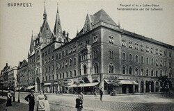 Antique Budapest photo postcard Kerepes út and the Luther-udvar Münkacsy coffee house with long addresses