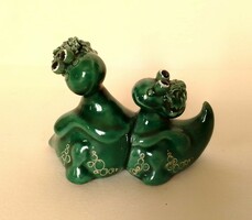 Zöld mázas kerámia sárkány pár figura szobor, kedves vicces bohém, Süsü és párja Valentin napra :)