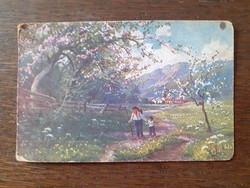 Old postcard rural landscape spring postcard