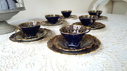 6 Personal, lindner kueps bavaria, gilded, cobalt blue porcelain breakfast set