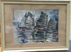 Szuno - vagy Szumo - magyar festő: Hongkong, Viktória öböl...1910