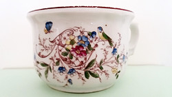 Régi virágos porcelán csésze vastagfalú lepkés madaras népi komacsésze bögre