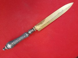Knife with a silver handle, gilded blade, damaged on the handle. 32 Cm.