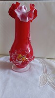 Tűzpiros olasz, fújt, fodros szélű, különleges díszítésű üveg váza