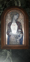 Oskóné Bódi Klára - Leány virággal - tűzzománc falikép