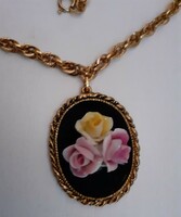 Retro thick ornate gilded necklace with a large pendant adorned with a porcelain rose
