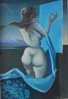 Surreal nude with blue scarf - signed oil painting