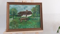 (K) Sédli István József festmény 48x39 cm kis tanya, szekér