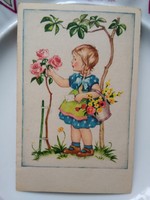 Old graphic children's motif postcard / greeting card with little girl with flower basket, roses around 1930-40