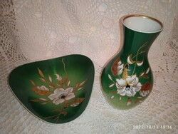Wallendorf 1764 német porcelán számozott, kézzel festett, zöld arany virágos tál, kínáló és váza gar