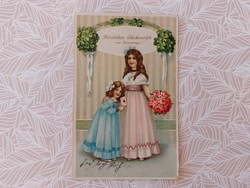 Régi képeslap levelezőlap kislányok rózsa lóhere