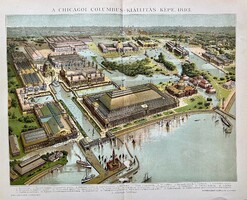 Antik 19.sz Chicago színes nyomat- papír-plakát,USA,Michigan, Colombus kiállítás, Amerika
