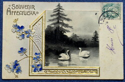 Antique embossed greeting litho postcard landscape with swans gilded frame flowers