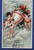 Antik Húsvéti üdvözlő litho képeslap angyalkák tojással hóvirág