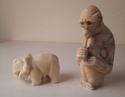 Elephant and monkey, 2 alabaster statues in one