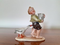 Old wagner & apel porcelain figurine of a boy with a goose and a jug