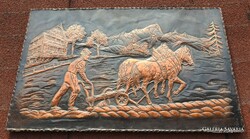 Galvano sculpture - marked goldsmith's work on a wooden plate - plowing