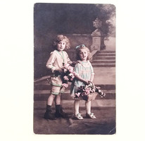 Old postcard 1915 children with roses photo postcard