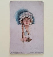Old postcard circa 1920. Woman with walking candle postcard