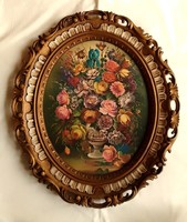 Still life, colorful bouquet of flowers in a vase, still life of flowers, old oval canvas print in an ornate frame