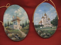 Pair of pictures painted on retro stone nail wood