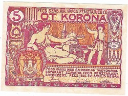 Hungary 5 kroner emergency money Pécs is free. City 1920 replica