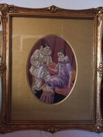 Beautiful pierrott and pierrette tapestry in gilt frame, old