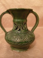 Antique unique green majolica glazed openwork ornate two-eared vase