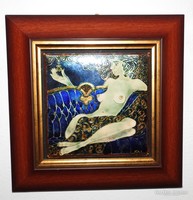 Alexander enamel fire enamel picture - naked woman on sofa - nude