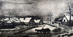 Detail of a busy village by István Élesdy (1912 - 1987).