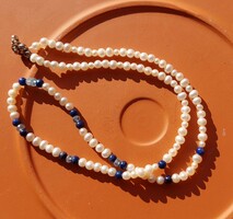Genuine cultured pearl necklace with lapis lazuli and blue crystal with silver clasp