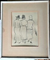 János Vaszary, ladies, pencil drawing-art cardboard, 17x22cm, with original frame 31x36cm, glazed, J.J.L.